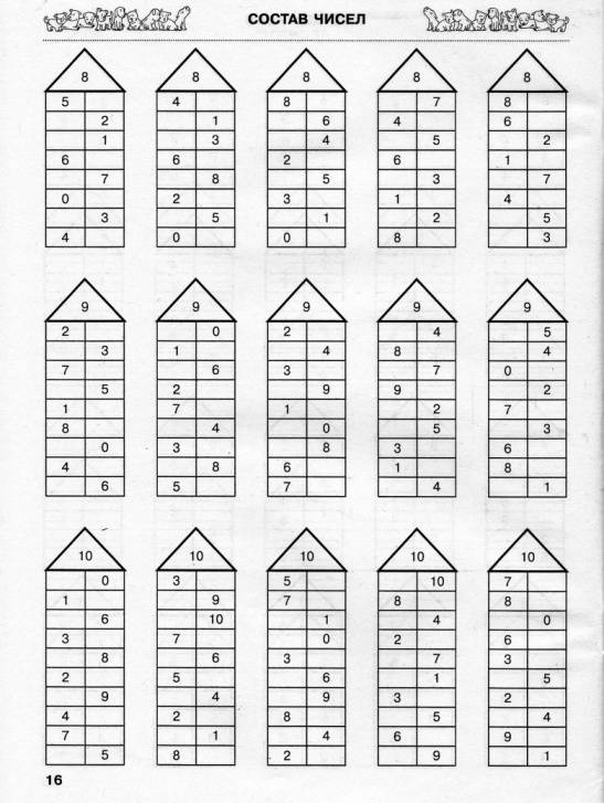 Карточки по математике 1 класс с составом чисел до